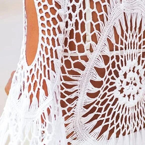 Women's Cover Up White Crochet Hollow Out Tassel Swimsuit Three Quarter Sleeve - Picture 2 of 5